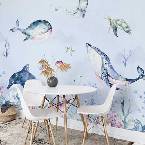 Blaue Jungen Fototapete Kinderzimmer Unterwasserwelt XXL Wal Delfin Schildkröte Jungenzimmer Tapete