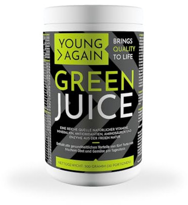 Young Again Greenjuice | 300g | Athletic Greens Pulver mit Gerstengras, Vitaminen, Mineralien, Probiotischen Stämmen & Spirulina | Für Smoothies