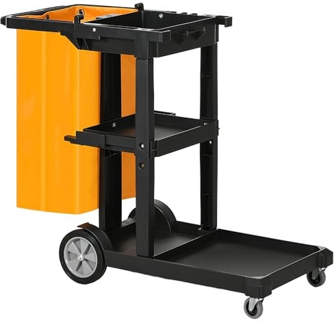 HOMCOM Professioneller Reinigungswagen mit 3 Ablagen mit Besenhaken und 100L Tasche, Mehrzweck-Kunststoff-Rollwagen für Hotel, Hotel und Restaurant, 121x50.5x96.5 cm, Schwarz