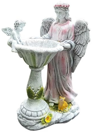 Statue di angeli in resina - Statua di angeli in resina con angelo da giardino a luce solare, statue di angeli con vaschetta per uccelli, statue da esterno per terrazza, cortile, giardino, davanzale,