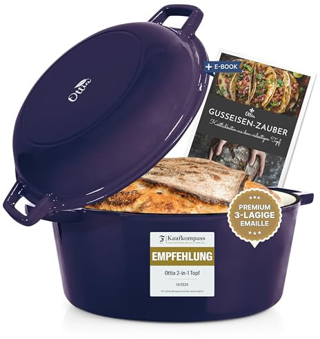 Ottia Gusseisen Topf [inkl. eRezeptbuch] - Hochwertiger Emaille Topf 26cm - Idealer gusseiserner Brottopf zum Backen, Gusseisentopf, Brotbacken, Brot, Bräter, Schmortopf, für Induktion