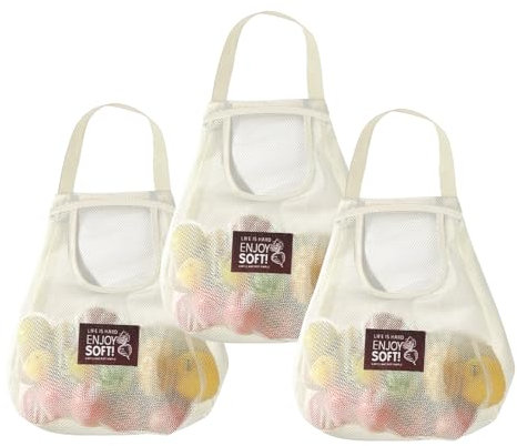 3 Pcs Grocery Mesh Bags Reusable Net String Shopping Bags Hanging Produce Storage Bags Portable Tote Handbag for Vegetables Fruits Potatoes Onions Tomatoes Commodities Outgoing Travel, Off White