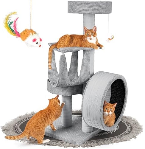 Outentin Kratzbaum für Katzen, mit kleinem Katzenlaufrad aus Holz, Massiver & Stabiler Katzenbaum, Robuster mittelgroßer Kletterbaum & Aktivitätskratzbäume, 135 cm hoch, Dicke Stämme (Grau)