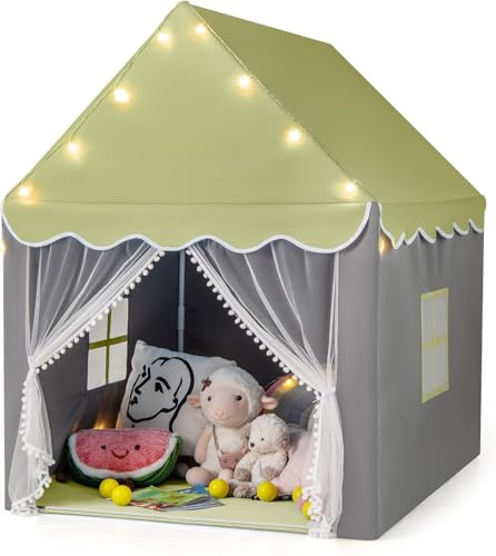 FANTASK Kinderspielzelt mit Sternenlichtern und Fenster, Prinzessin Spielhaus mit doppeltem Vorhang und Matte, Märchen Schloss für Jungen und Mädchen in Grün, Ideal für kreative Abenteuer