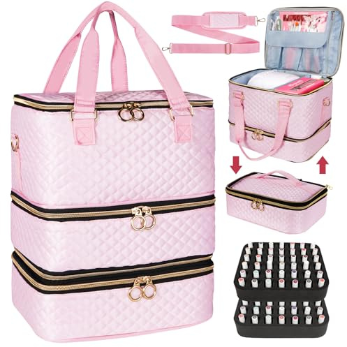 MZTXY Nail Polish Organizer Bag Hold 84 Bottles(15ml/0.5 fl.oz), 3 Layers Nail Kit Supplies Organizer Bag Travel, Nail Organizers and Storage Case with Holder & Shoulder Strap, pink