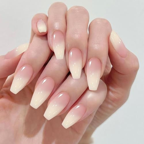 GOZINA 24 Faux Ongles Court, Dégradé de Rose Faux Ongles Autocollants, French Ongles a Coller, Ongle Autocollant Reutilisable Convient Pour Les Femmes et Les Filles (Dégradé jaune poudre, Moyen)