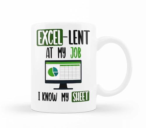 VIROSA Funny Work Mug – Excel-Lent at My Job, Know My Sheet – Gift for Coworkers, Boss, Accountant, Data Analyst or Office Nerd – Spreadsheet Joke – 11oz White Ceramic Coffee Cup