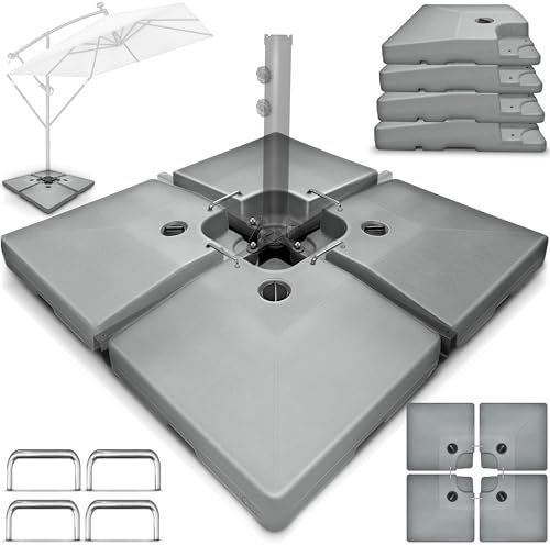 tillvex® Lestage & Dalles Carrées pour Parasol Déporté – Pied de Parasol 90 litres / 120 kg, 4 Pièces avec Connecteur Métallique | Base Remplissable avec Eau ou Sable | Support de Parasol (Gris)
