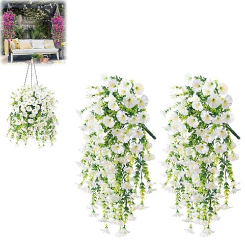 2pcs 75cm Artificial Hanging Flowers UV Resistant Fake Flowers Artificial Plants Outdoor Flower Bouquet Vine Plants Drooping Plants for Home Wall Garden Wedding Indoor Outdoor Decor (white)