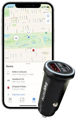 AutoSky Auto-Ladegerät & GPS-Tracker – kompatibel mit der App „Wo ist?“ – Dual-USB KFZ-Ladegerät mit Ortungsfunktion – Echtzeit-Tracking für Auto, Diebstahlschutz, iPhone-Unterstützung
