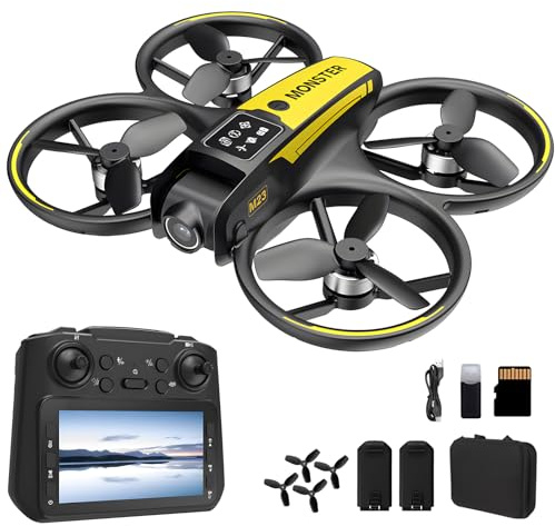 Drone per bambini con telecamera e telecomando con schermo da 4.5 – Drone RC per principianti con motore brushless, volo stazionario con flusso ottico, decollo con un tasto, video FPV, 2