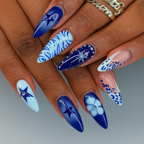 Deep Blue Oceanic Almond False Nails with Glossy Starry Wave Floral Design - Press On Nail Set with Dazzling Gems for Elegant Manicure, Women Fashion Accessory, Salon Quality