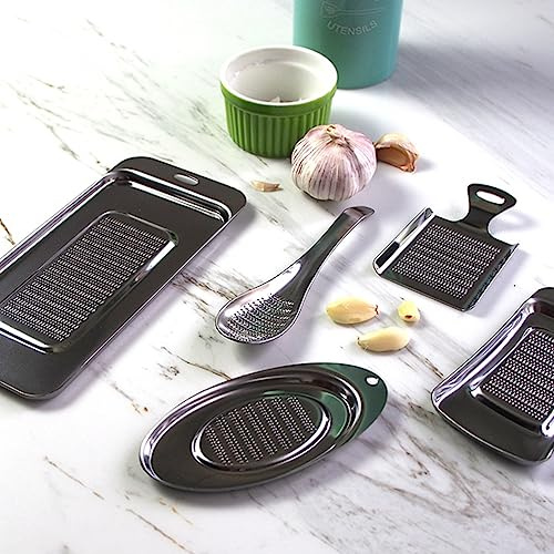Aoresac Ginger Grater, Non Scratch Ginger Garlic Grater with Hanging Storage, Easily Grind Delicate Mud, Strong & Thick, 430 Stainless Steel Grating Spoon, Shovel, Oval & Square Boards for (Silver_2)