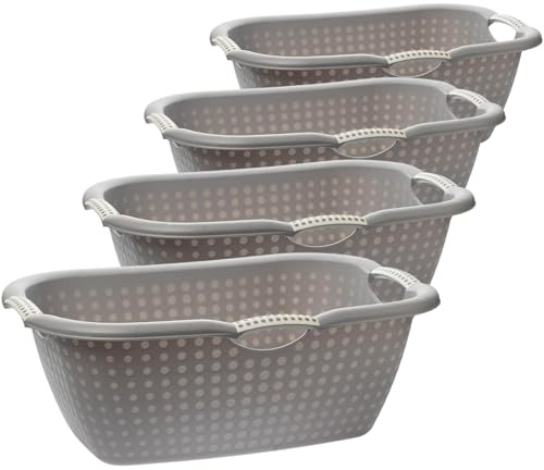 2friends Wäschewanne 4er Set Grau mit weißen Punkten, 60x40x22 cm, 20L, Ergonomische Griffe, Kunststoff, Stapelbar, Belüftungsöffnungen, Made in EU, Oval, Robuster Haushaltskorb