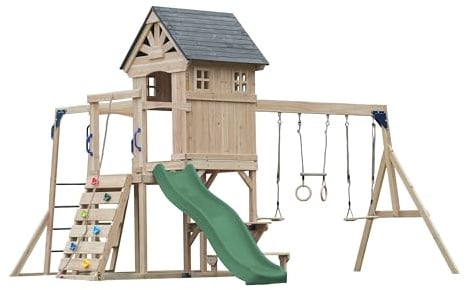 AXI Duncan Spielturm aus Holz mit 2 Schaukeln & Rutsche in Grün | XXL Spielhaus/Spielplatz für Kinder mit Klettergerüst, Kletterstangen & Trapez | Schaukelgerüst für den Garten