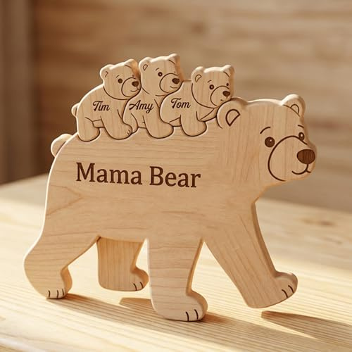 Drawelry Personalisiert Holz Tier Skulptur Puzzle mit Familien Namen Gravur Ornament, Holz Figur Tierstatuen Kunstpuzzle, Heim Büro Tisch Deko, Kreative Geschenke für Familie Freunde Kinder (Mama Bär)
