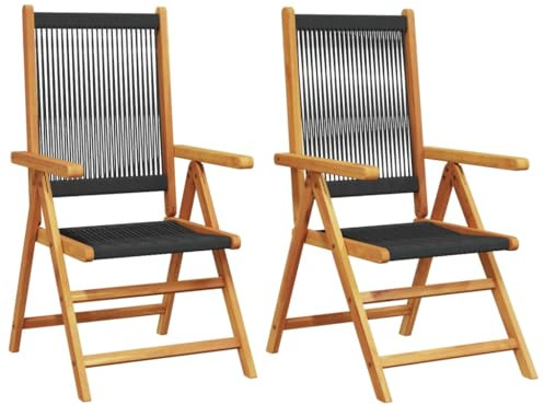 PTUGUOF 2er Set Gartenstühle Akazie Holz Schwarz, Massivholz Klappstühle mit Liegefunktion für Garten Terrasse Balkon