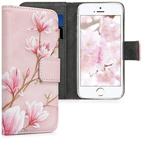 kwmobile Wallet Case Compatible with Apple iPhone SE (1.Gen 2016) / iPhone 5 / iPhone 5S Case for Phone - Magnolias Pink/White/Dusty Pink