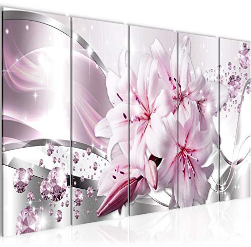 Runa Art Tableau mural XXL Lis Fleurs 200 x 80 cm Gris Rose 5 Parties - 021855c