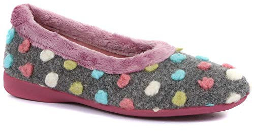 Pavers Ladies Playful Wooly Design Slippers in Grey Multi - Non-Slip Sole - Statement Contrast Pom Poms for Indoor Elegance - Size UK 7 / EU 40