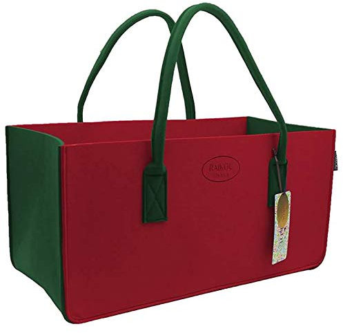 RAIKOU KULT Filz-Tasche Shopper NEU Filzkorb Einkaufstasche Henkeltasche Zeitungskorb Stabile Kaminholztasche Zeitungsständer auch für Spielzeug Garten Picknick Strand (50x34x27cm, Rot/Kieferngrün)