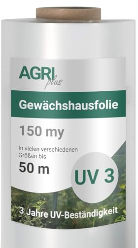 AGRI plus Gewächshausfolie 2,0 x 50 m I Hochtransparente & reißfeste Gartenfolie für Abdeckungen im Außenbereich I Schutzplane wetterfest & 3 Jahre UV-beständig I Folienstärke 0,150 mm