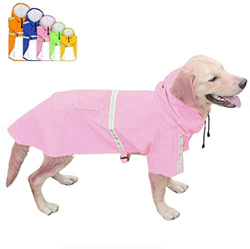 FEimaX Hunderegenmantel Wasserdicht Hunde Regenjacke mit Reflektierenden Streifen, Verstellbarer Regenmantel mit Kapuze und Kragenloch für Kleine Mittelgroße und Große Hunde