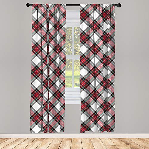 ABAKUHAUS Schottenkaro Vorhänge, Gardinen, Plaid Motiv Rhombuses, Fensterbehandlungen für Wohnzimmer Schlafzimmer Dekor, 2 Stück 75 cm b x 245 cm h, Weiß Rot Schwarz