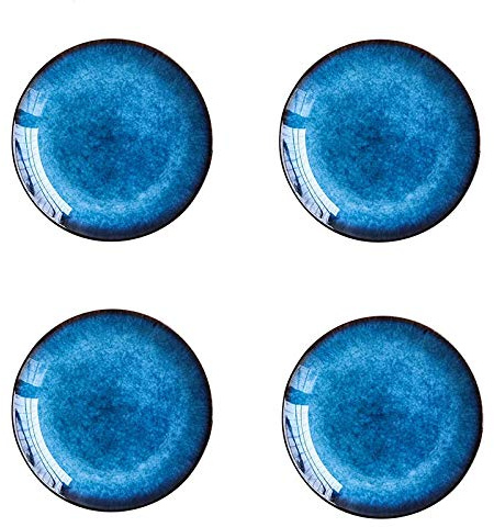 Kinglang Porzellan-Geschirr-Teller-Set Blue Klin glasiert, flach, rund, 4 Stück