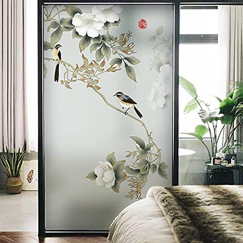 Motif de Fleurs et d'oiseaux Film Fenetre Anti Regard Film Occultant Fenêtre Film Electrostatique Bon Intimité Film Opaque pour Vitre Anti UV Dépoli pour Bureau Maison Cuisine-80cmX200cm