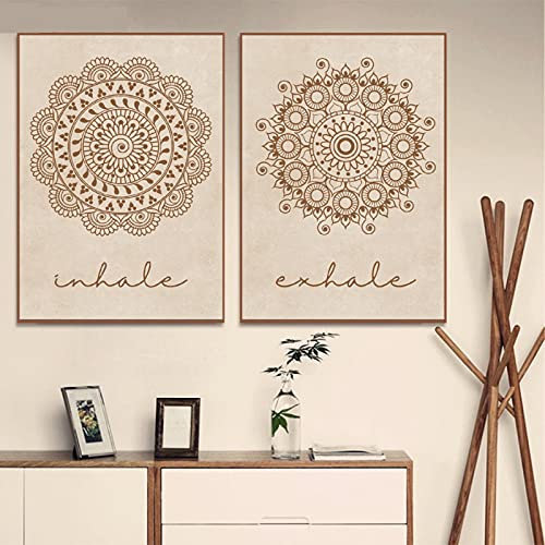 Mandala Wandkunstdrucke Einatmen Ausatmen Dekor Beige Böhmen Dekor Leinwand Malerei Poster und Bilder für Wohnzimmer Büro 40x60cm(15,7x23,6in) x2 Rahmenlos