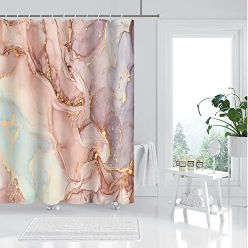 MIRRORANG Rideau de Douche à marbre Bleu et Rose avec 12 Crochets, Rideau de Douche en Tissu résistant à la moisissure pour la Salle de Bain, 100% Polyester,183x183cm