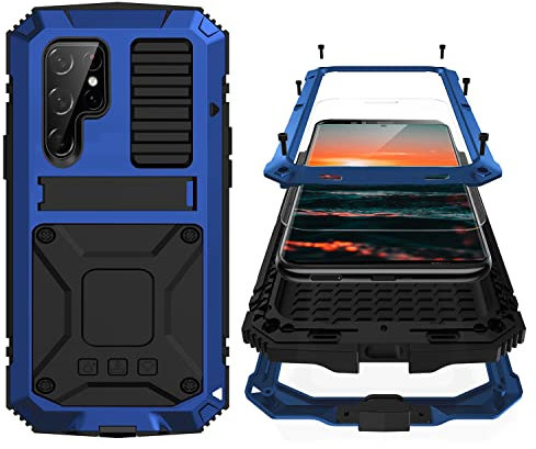Simicoo Samsung S23 Ultra Metallhülle mit Displayschutzfolie, Kameraabdeckung, militärisch, robust, strapazierfähig, S23 Ultra Hülle mit Metallständer, stoßfest, für Samsung S23 Ultra (blau)
