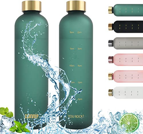 Trinkflasche 1L Wasserflasche Sport mit Zeitmarkierung Trinkerinnerung, ZAKVOP Trinkflasche Kohlensäure Geeignet, Sportflasche Auslaufsicher, BPA-frei, Ideal für Sport und Outdooraktivität, Dunkelgrün