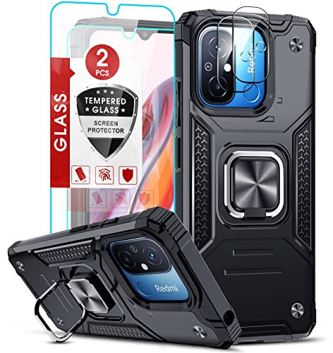LeYi Handyhülle für Xiaomi Redmi 12C /12 C/11A Handy Hüllen kompatibel mit 2*Schutzfolie & 2*Kamera Schutzfolie, Rugged Armor Militärischer Ring Ständer Schutzhülle Stoßfest Hard Case Cover Schwarz