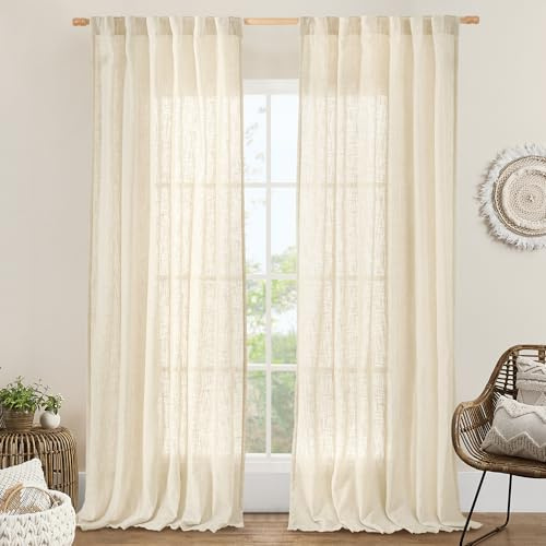 LAMIT Beige Leinenvorhänge für Wohnzimmer 2-teiliges Set, 213,4 cm Halbleinen-strukturierte lichtfilternde Vorhänge mit Lasche und Stangentasche Boho-Panels für Bauernhaus/Schlafzimmer/Veranda, 132,1