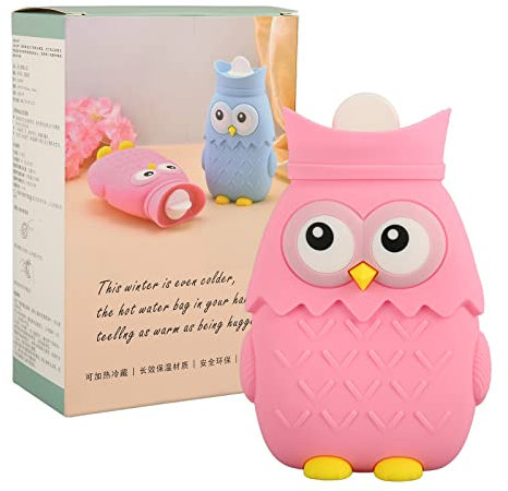 ANKROYU Sac à Eau Chaude 400ml, Chauffe-mains en Silicone en Forme de Dessin Animé Rempli d'eau, Chauffe-Mains Portable en Forme de Hibou, Micro-ondable(Rose)