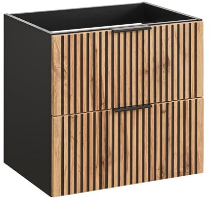 Lomadox Waschtischunterschrank 60 cm Waschbeckenunterschrank Unterschrank Badzimmerschrank 2 Schubladen anthrazit mit Eiche Nb. Schwarze Rillen 60x57x46 cm