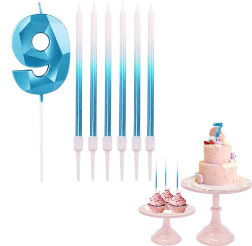 9th Birthday Candle Blue Number 9 Candle for Birthday Cake with Blue Long Candles, Blue 9 Candle for Cake Birthday Cake Topper Decorations for Boys Birthday Wedding Anniversary Party