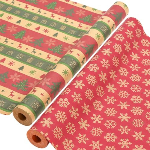 AhfuLife 2 Rouleau Kraft Papier Cadeau Noël, 43cm×15m Recyclable Papier Emballage Cadeaux Noel avec Motifs Fins pour Enfant Emballage (G : Arbre de Noël/Flocon de Neige)