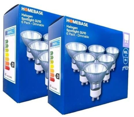 GU10 Pack of 12 Bulbs Homebase Halogen Spotlight - Dimmable Warm White 40W=50W 2800k/300Lm/240v/30°