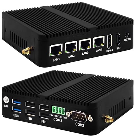MNBOXCONET Firewall Mini PC Quad Core Pentium J6426 4 Lan, DDR4 4GB RAM 64GB SSD, Fanless Computer Micro Router Appliance Support OPNsense, HD, DP, 6USB Port, 2COM, WiFi, BT4.2