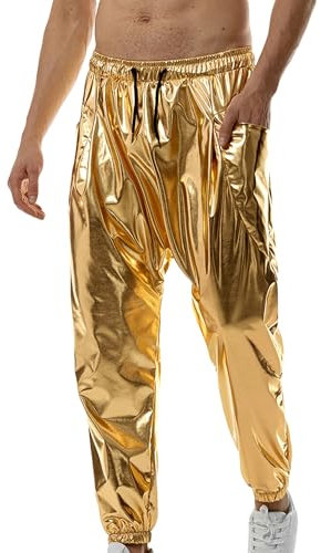 Acrawnni Mens Metallic Shiny Jeans 70s/80s Party Dance Disco Nightclub Pants Drawstring Waist Sequin Pants Hip Hop Rave Shiny Jogger (A-Gold, S)