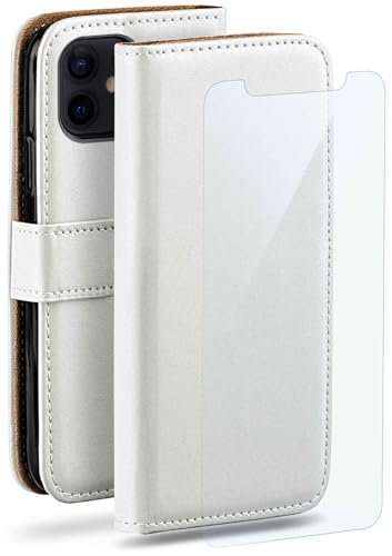 moex 4 in 1 Set für iPhone 12 mini Hülle mit 3X Schutzfolie, Handyhülle Kartenfach [Book Case Klapphülle + FlexProtect Folie] Schutzhülle 360 Grad Komplettschutz, Weiß