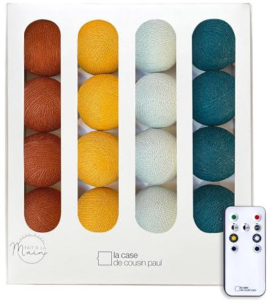 La Case de Cousin Paul Guirlande Lumineuse Chambre Enfant Boules Tissées LED, Télécommande, Programmable, USB, Fabriquée à la Main, Artisanale - 16 Boules (La sieste)
