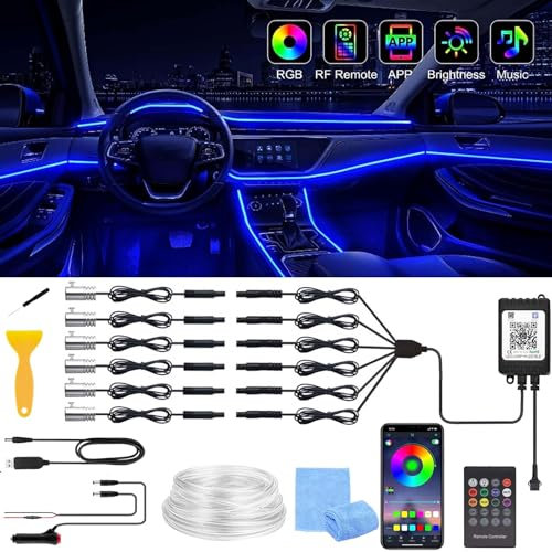 Auto LED Innenbeleuchtung,6M/ 6 in 1 RGB Auto Innenraumbeleuchtung,12V Led Atmosphäre Licht Autos,App+Fernbedienung Control steuerbare Innenbeleuchtung Laser,Mehrfarbige Ambientebeleuchtung