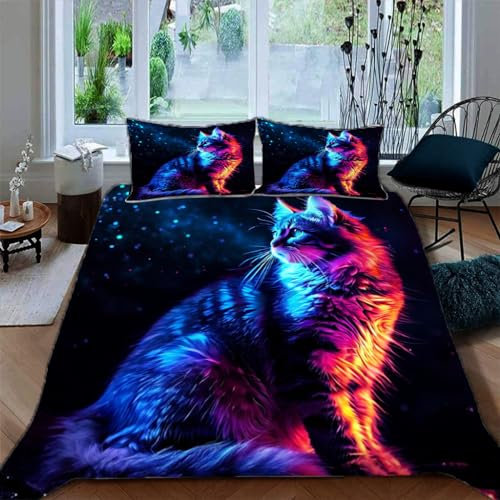 Ruiqieor Bettwäsche 135x200cm,blau rosa Katze Motiv Bettwäsche Set, Flauschig Weich Bettbezüge Set,1 Bettbezug und 2 Kissenbezug 80x80 cm,3D Druck Cat Tier Muster（#8）