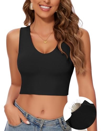 WOWENY Crop Tank Top Damen mit Integriertem BH Doppelt Gefütterter Gerippt Tank V-Ausschnitt Brami Ärmellos Tops Kurz Oberteile[Schwarz,M]