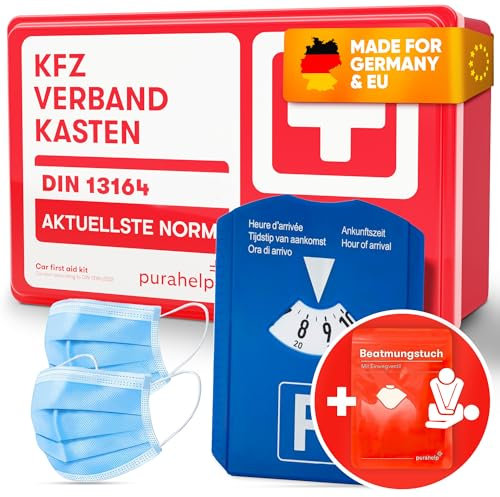 PURAHELP KFZ Verbandskasten DIN 13164 + Parkscheibe - Inkl. Beatmungstuch, 2x Klettstreifen - Erste Hilfe Set Auto Verbandskasten 2025