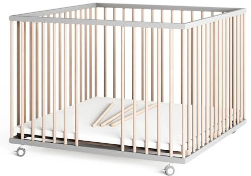 Sämann Laufstall Baby mit 3 Schlupfsprossen | TÜV geprüft | stufenlos höhenverstellbar | Laufgitter Premium | Babybett aus Holz | Krabbelgitter (grau/natur, 100x100 cm)